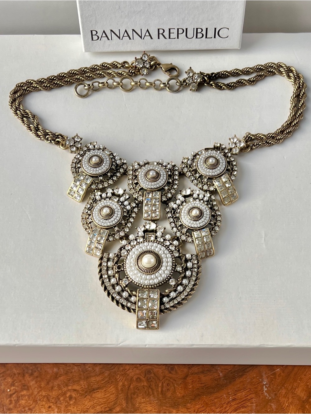 Banana Republic Rhinestone & “Pearl” Gold-Tone Bib Necklace